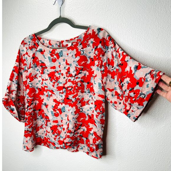 Cute Red Pink Blue Floral 3/4 Cuffed Sleeves Wide Round Neck Blouse Top L - Picture 1 of 10
